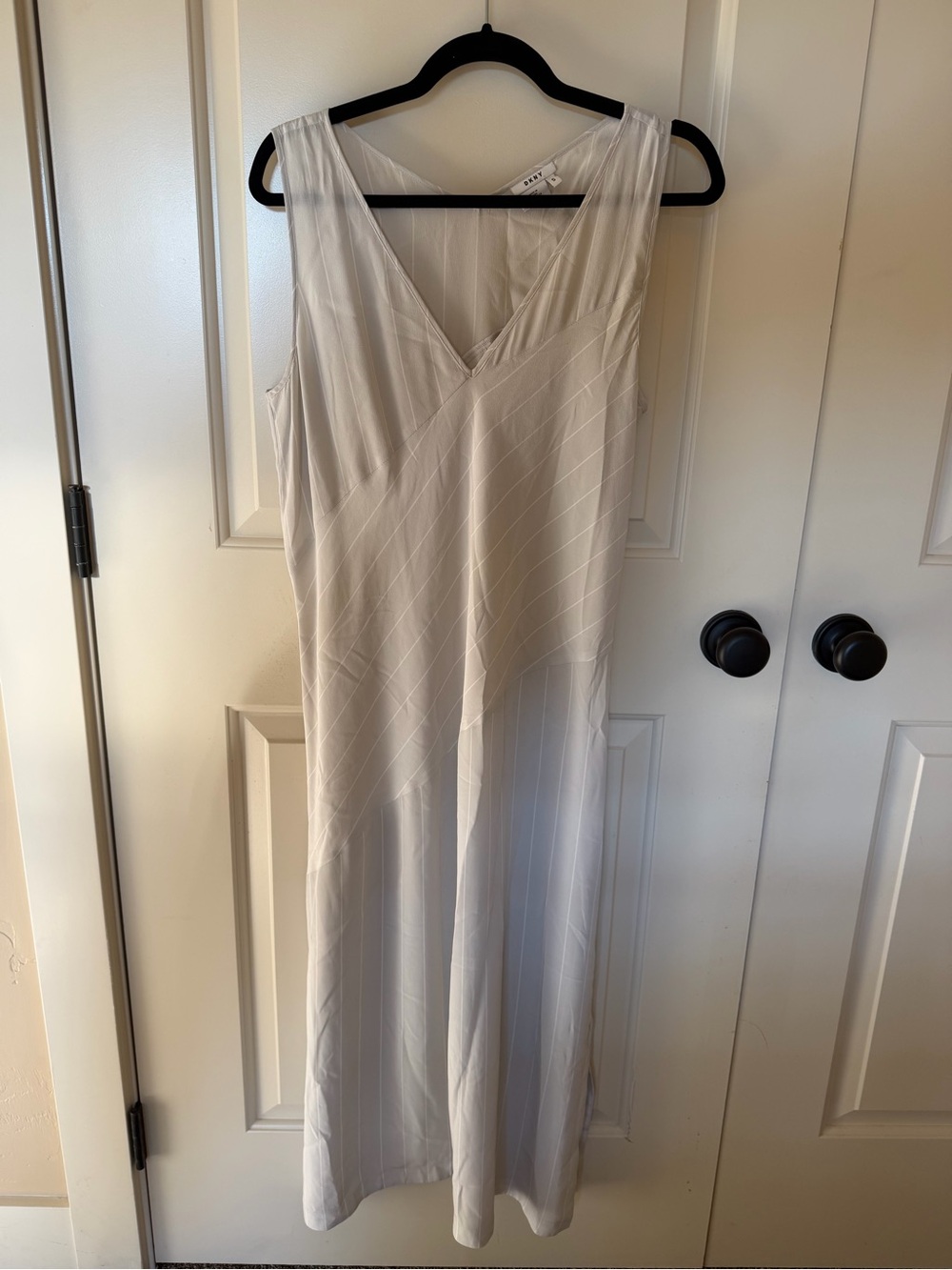 DKNY Silk Silver White Pinstripe V-Neck Maxi Dress S